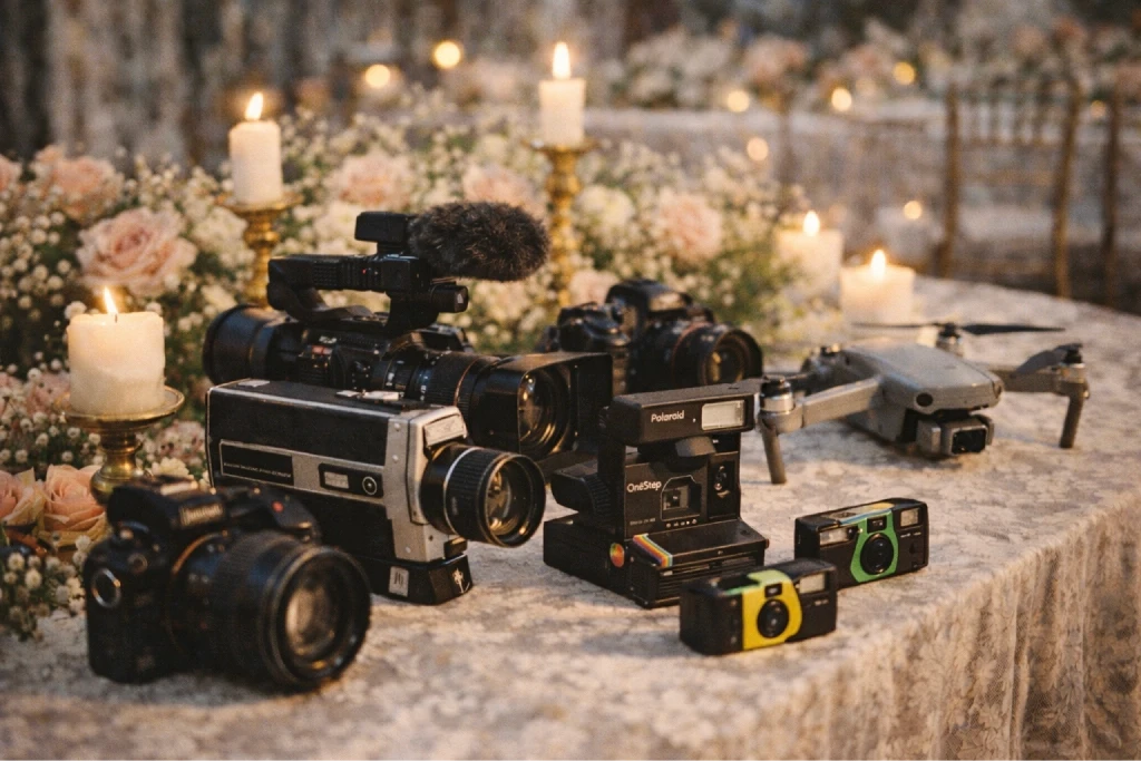 8 cameras - including video cameras and still-photo cameras - - splayed out on a wedding table surrounded by flowers