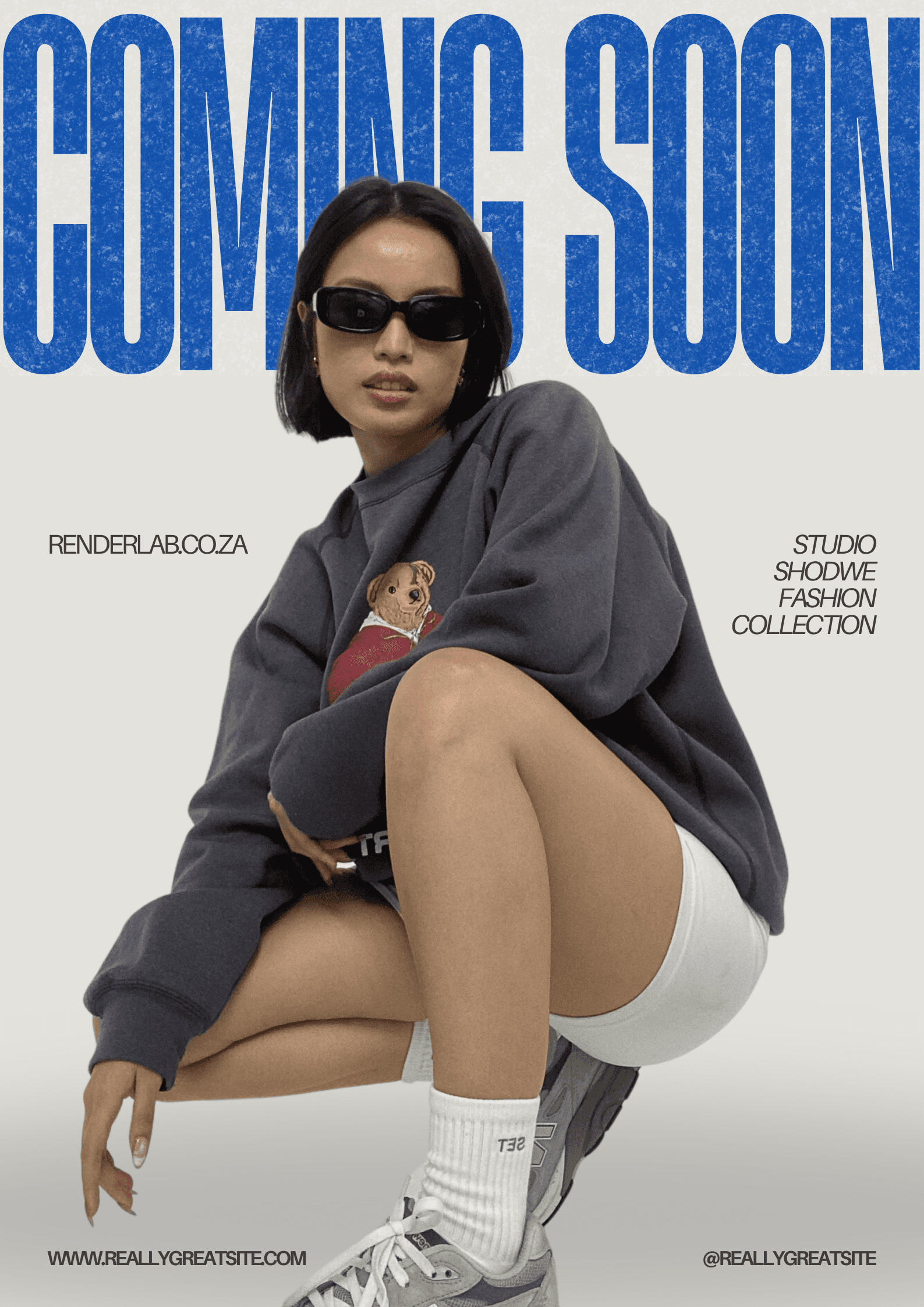 Fashion model in casual outfit promoting upcoming Studio Shodwe collection.