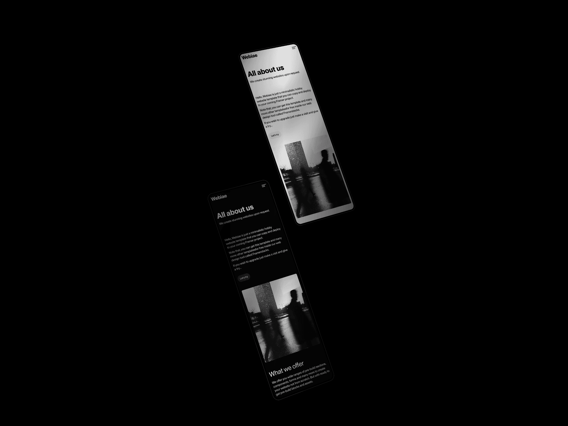 webiae, a dark and light themed website template made in framer. This is webiae about us page in dark and light theme in a mobile device mockup