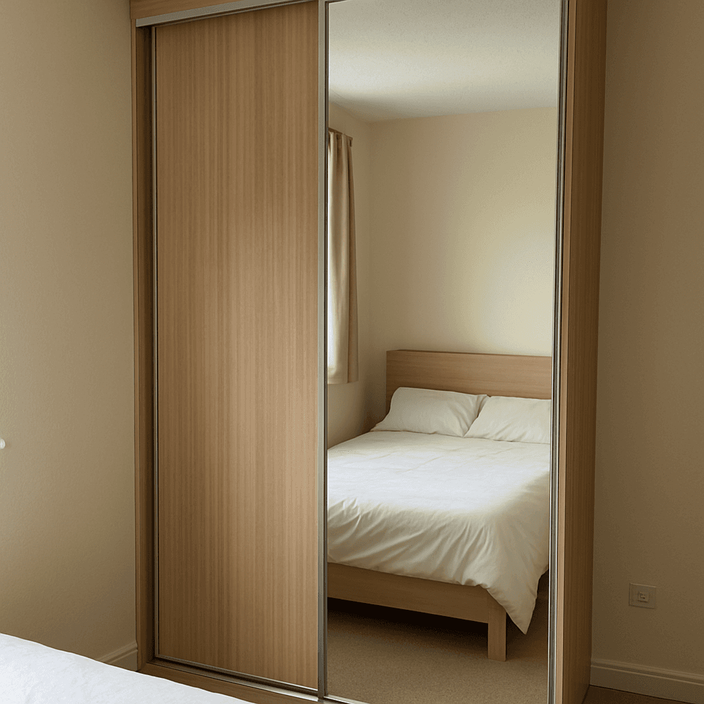 A sliding wardrobe in a small bedroom. The wardrobe is built-in from floor to ceiling, and one of its two doors is a full-length mirror, reflecting the room and making it look more spacious
