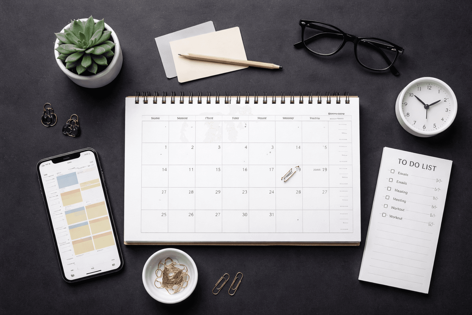 calendar and planning imagery, clean and minimal on a dark background