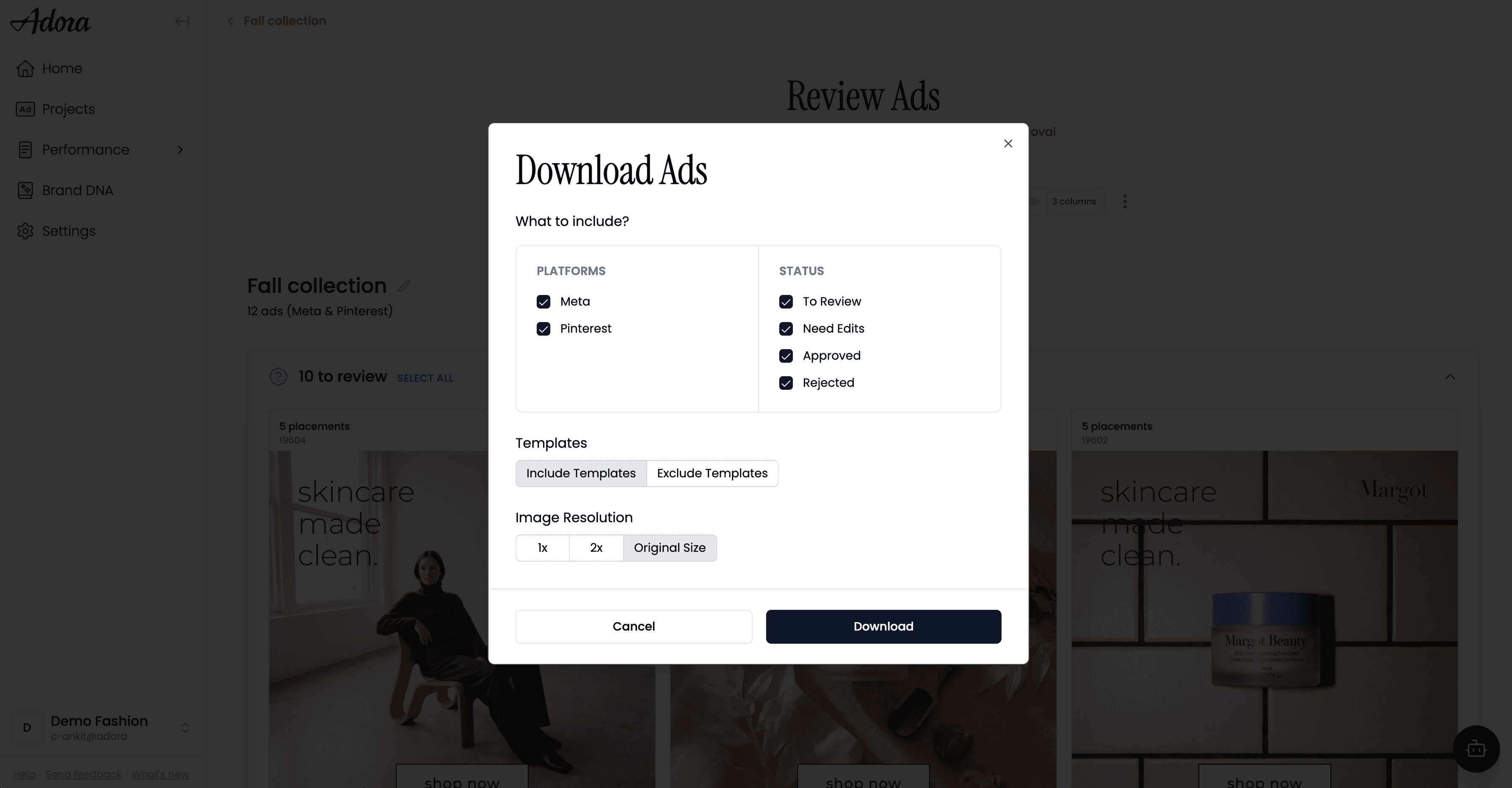 The Download Ads dialog with platform, status, template and resolution options