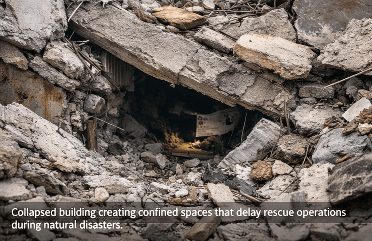 Collapsed building creating confined spaces that delay rescue operations during natural disasters