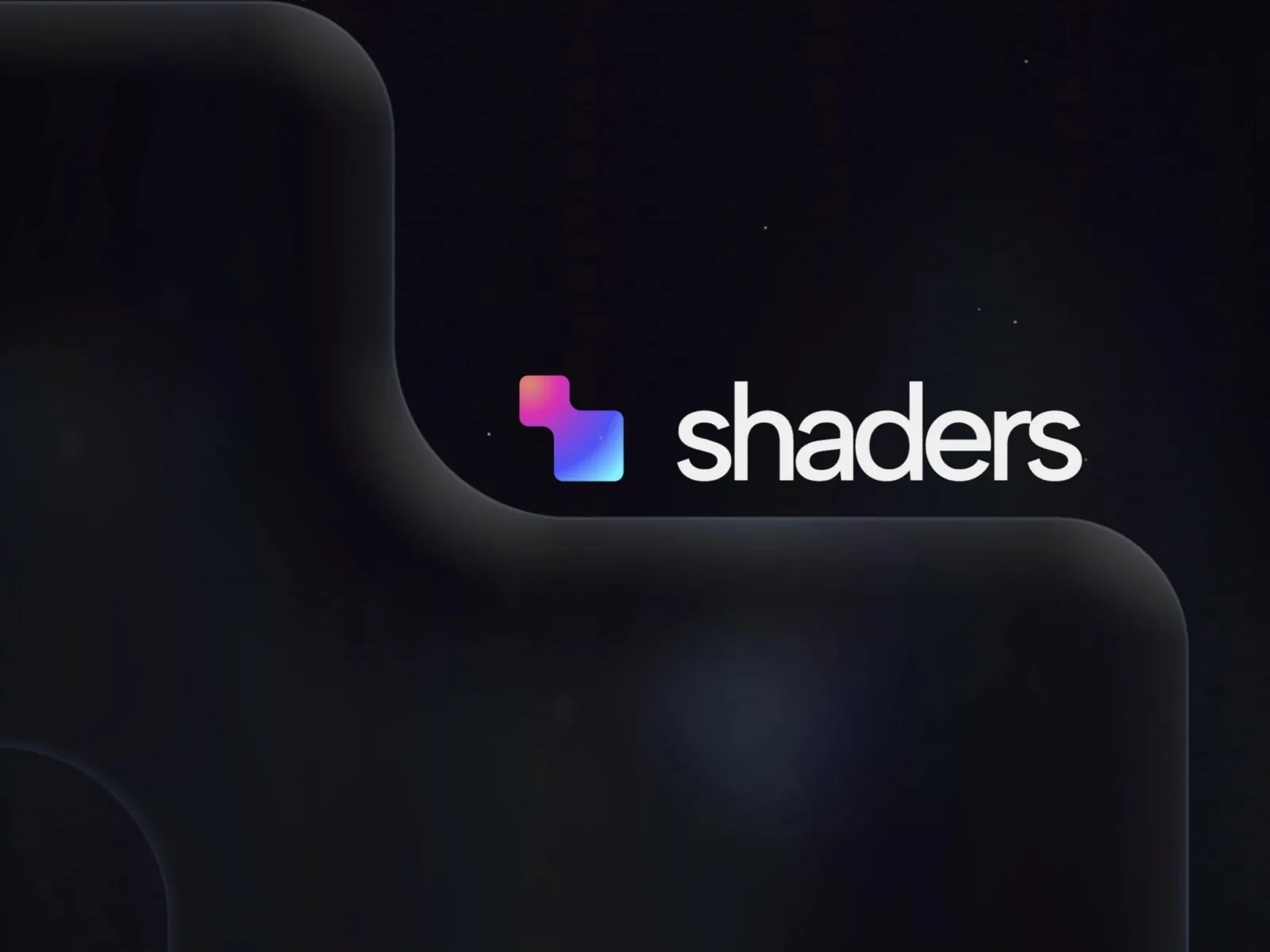 Gradient blocks with "shaders" text on a dark, curved background.