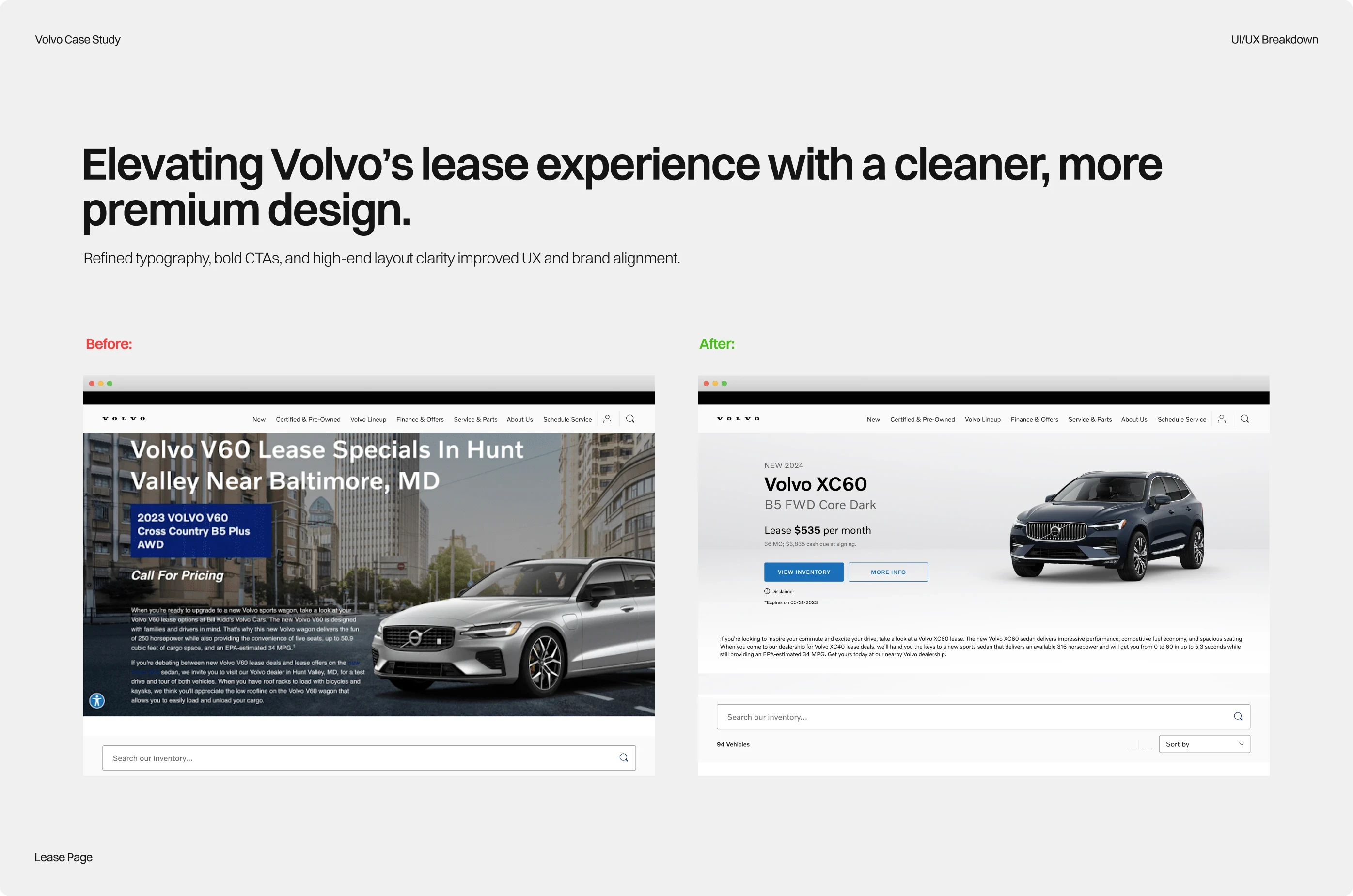 Volvo — Before and after comparison of lease page designs — UX redesign