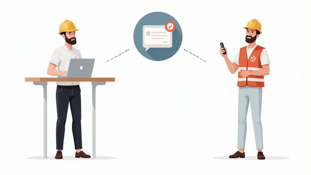 Two construction workers, one with a laptop and one with a phone, exchanging digital messages.