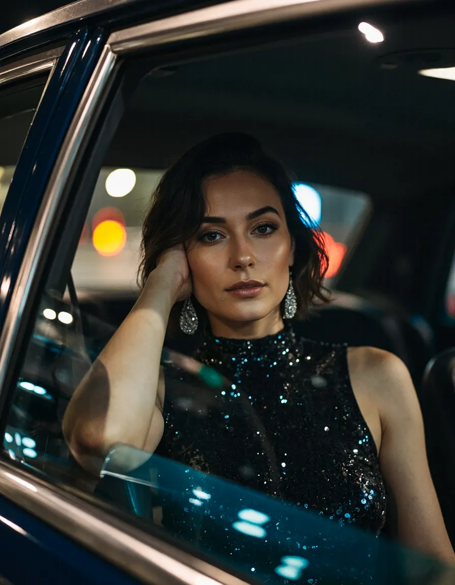Woman in black sequined dress posing elegantly in car window at night with city lights bokeh background