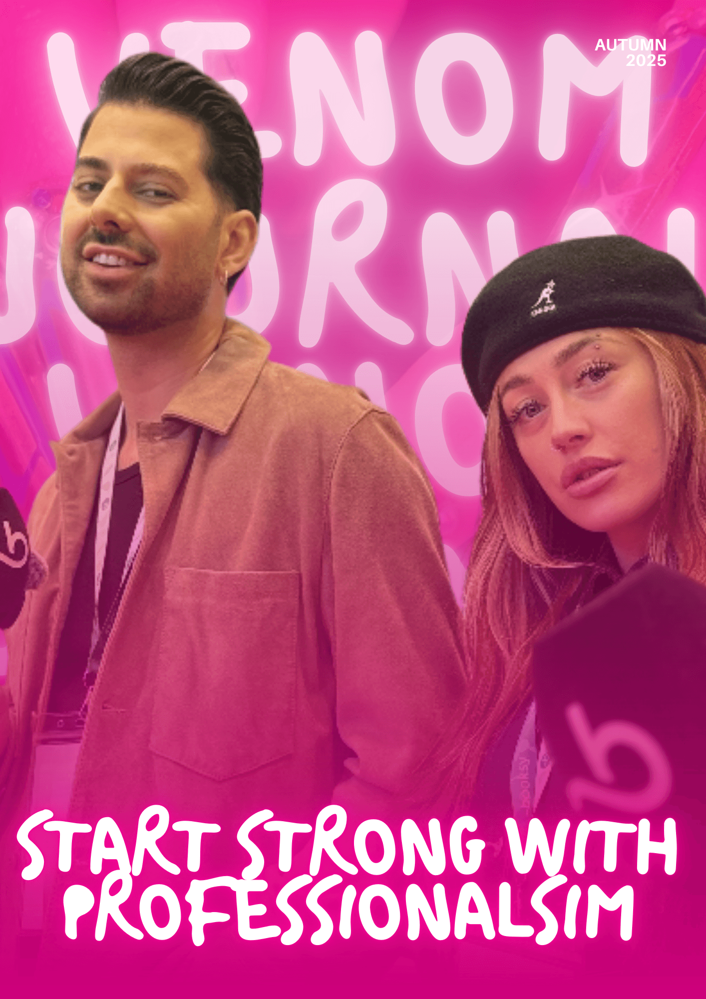 An Autumn 2025 editorial cover featuring two people in a pink-toned filter. A man in a tan jacket and a woman in a black Kangol beret. Text reads: "START STRONG WITH PROFESSIONALISM."