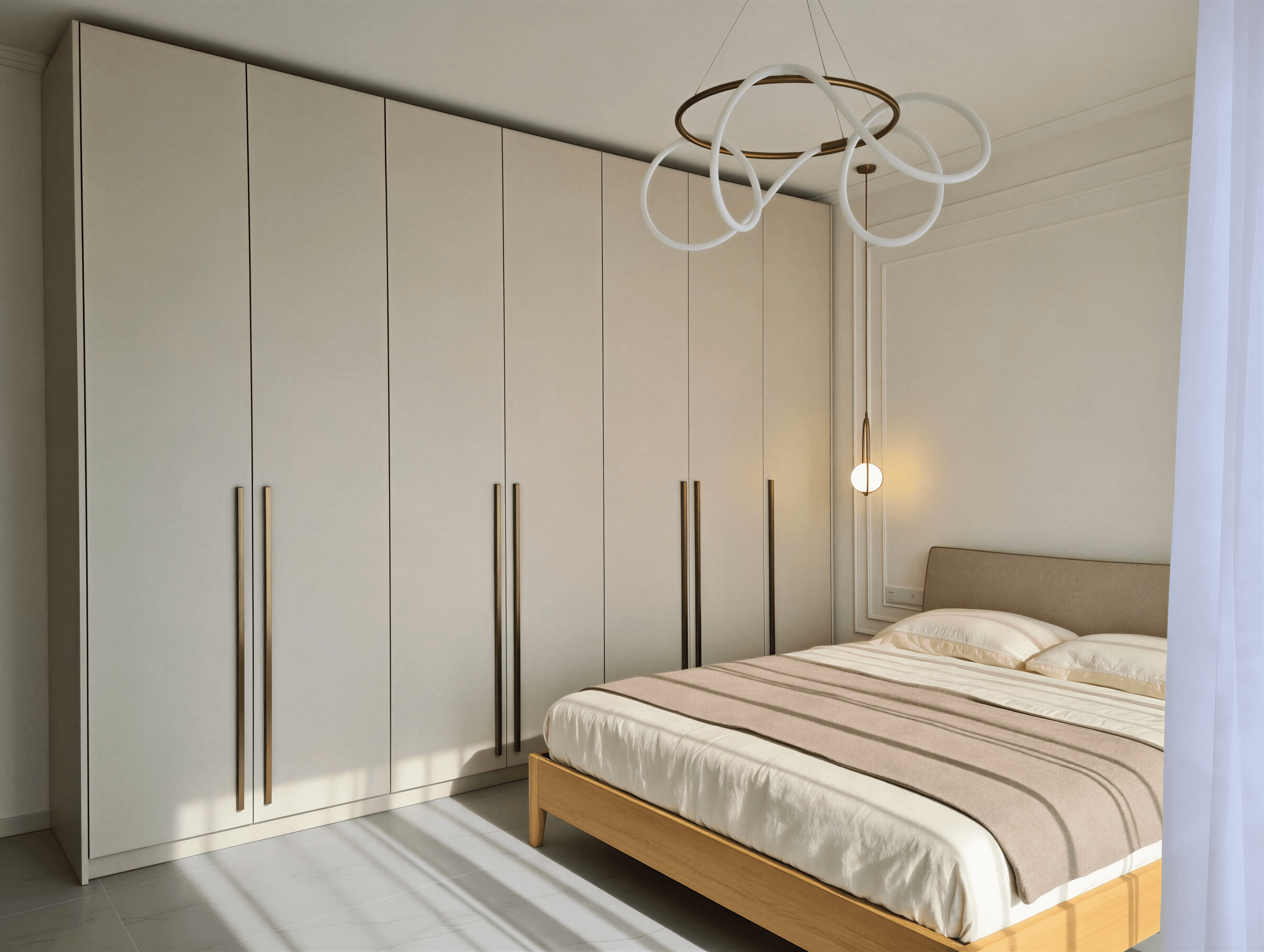 Dulapuri înalte bej cu mânere lungi metalice și pat tapițat, dormitor contemporan luminos.