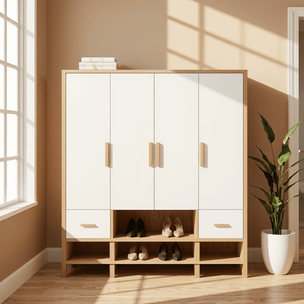 product photography of a shoe cabinet with a modern design, used for storing shoes