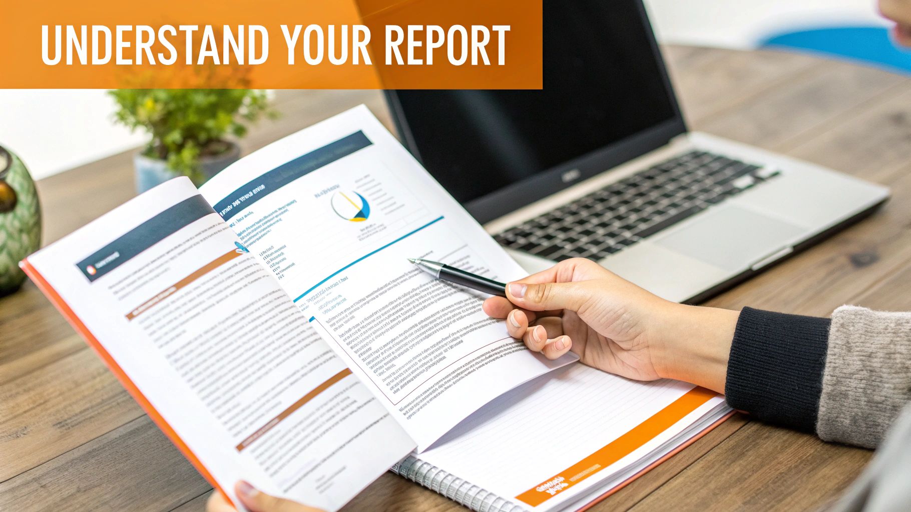 A person carefully reads through a detailed diagnostic report at a desk with a laptop nearby.