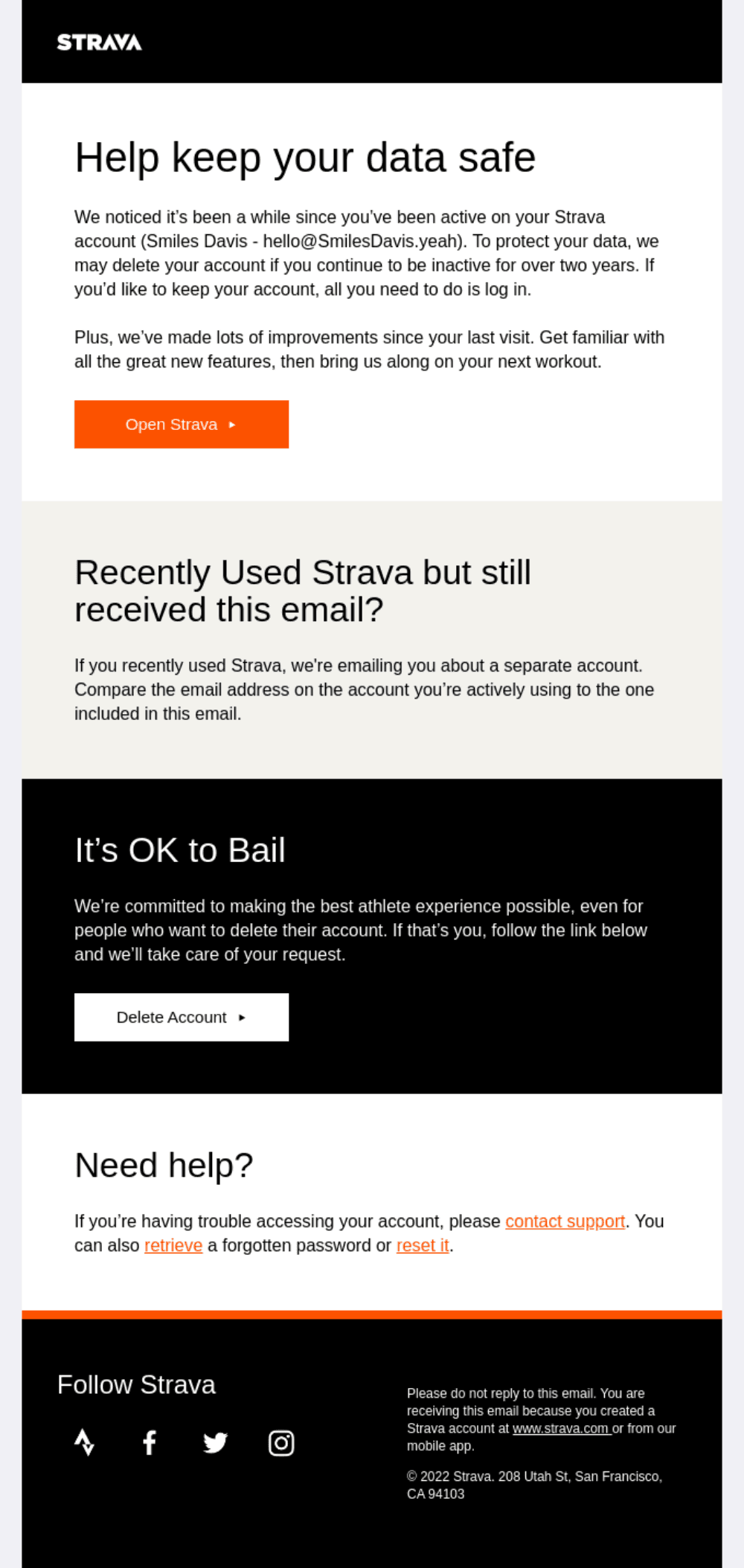 Account Deactivation.png – A Strava email notifying users of potential account deletion due to inactivity, with login instructions and help options.