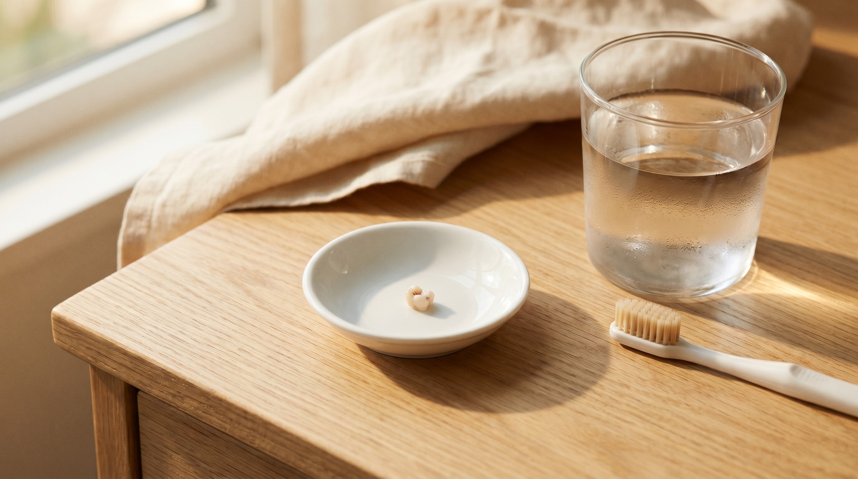 Small dental filling fragment in a ceramic dish beside a glass of water on a sunlit wood desk