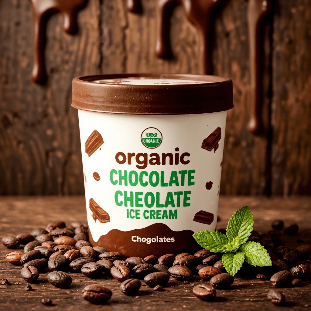 product photography of a tub of organic chocolate ice cream