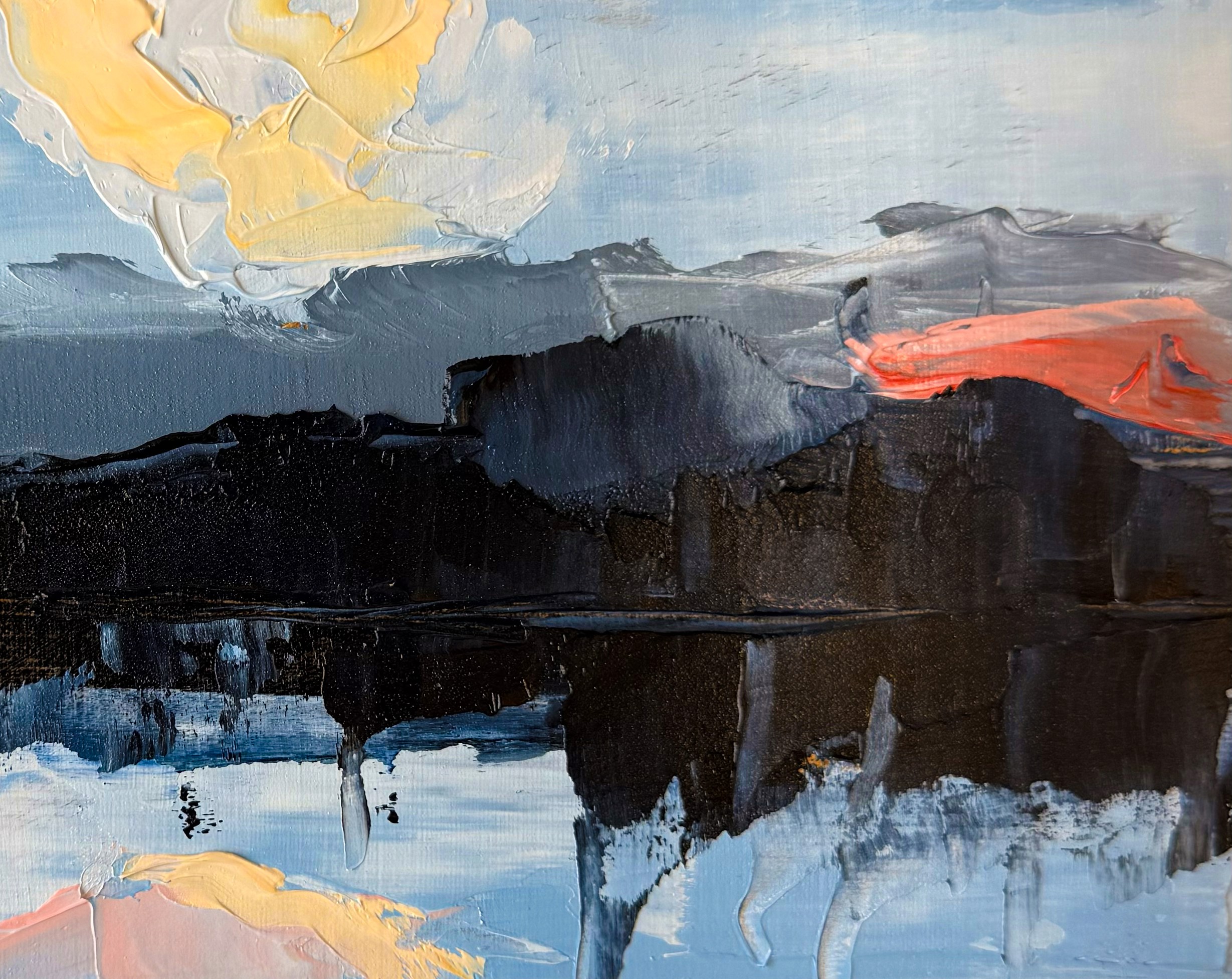 A detailed painting of mountains, a river, and a stag in a dramatic natural scene