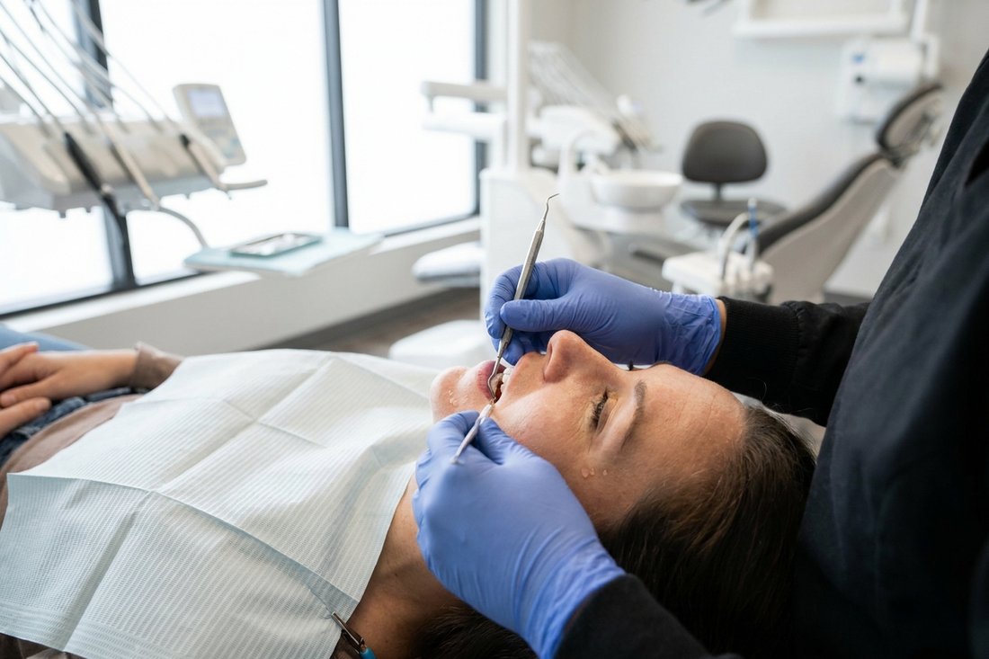 Dental hygienist using a periodontal scaler to clean along a patient's gumline during scaling and root planing