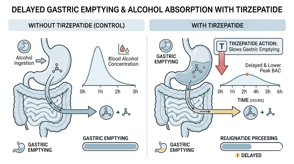 How tirzepatide delays alcohol absorption through slowed gastric emptying