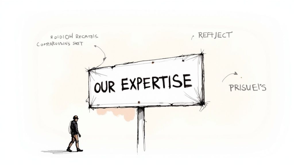 A person walks towards a sketched billboard sign reading 'OUR EXPERTISE' with various handwritten notes and arrows.