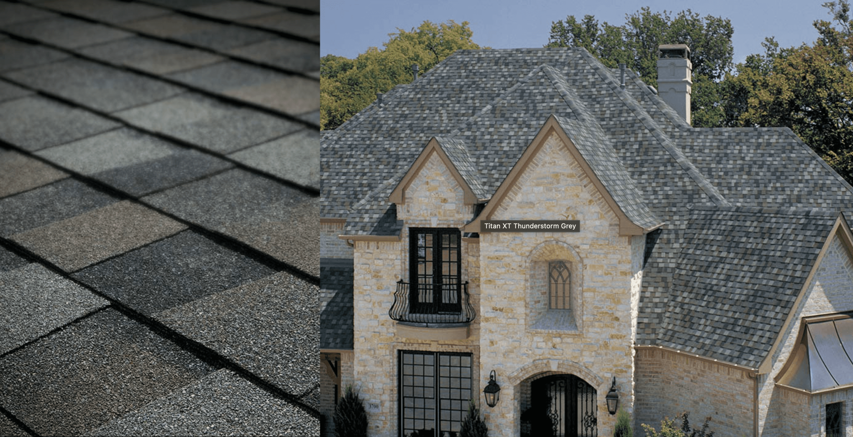 Combined beauty shot and swatch for Tamko Titan XT shingles in Thunderstorm Gray color.