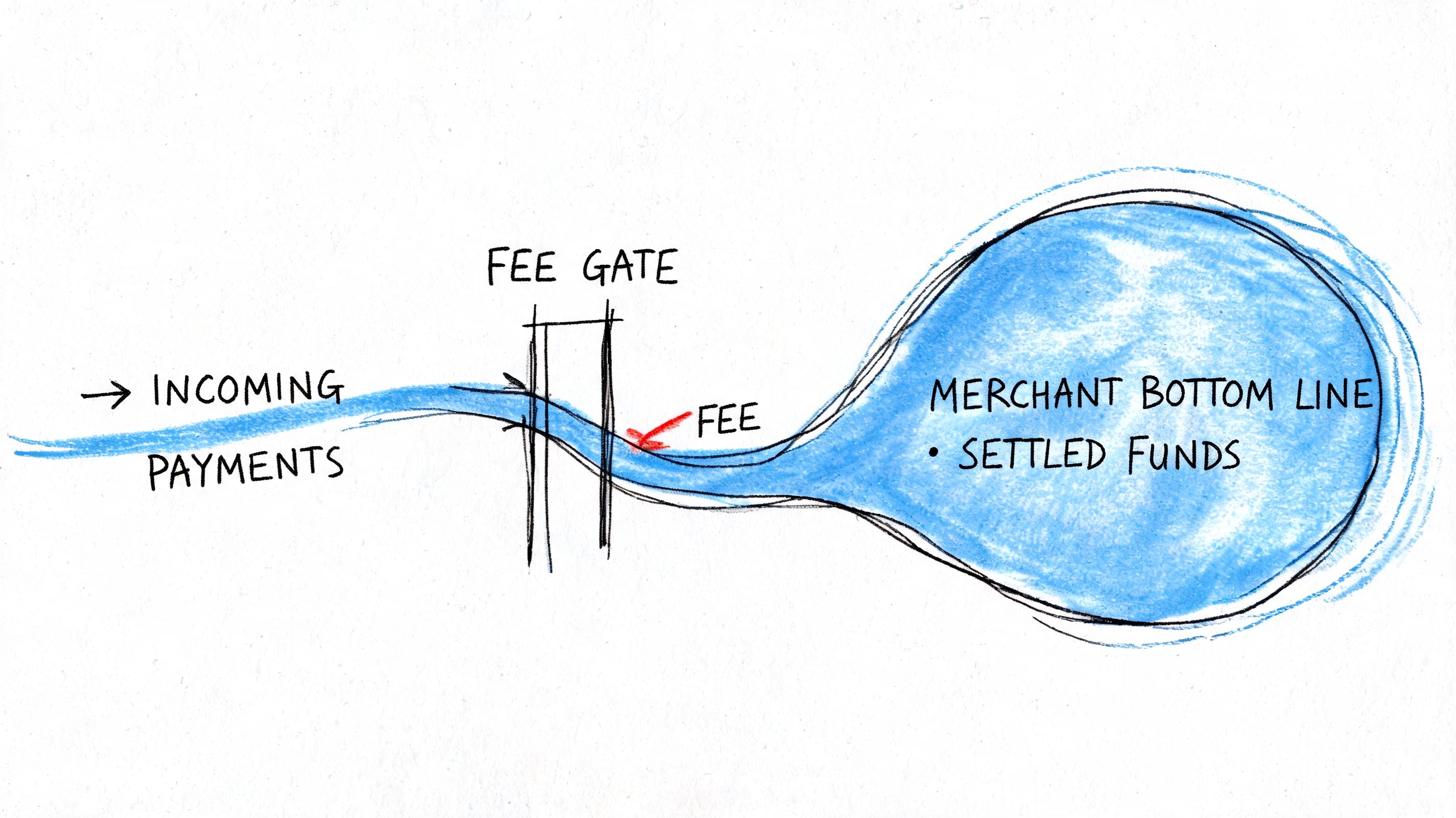 A hand-drawn illustration showing incoming payments flowing through a fee gate into settled merchant funds.