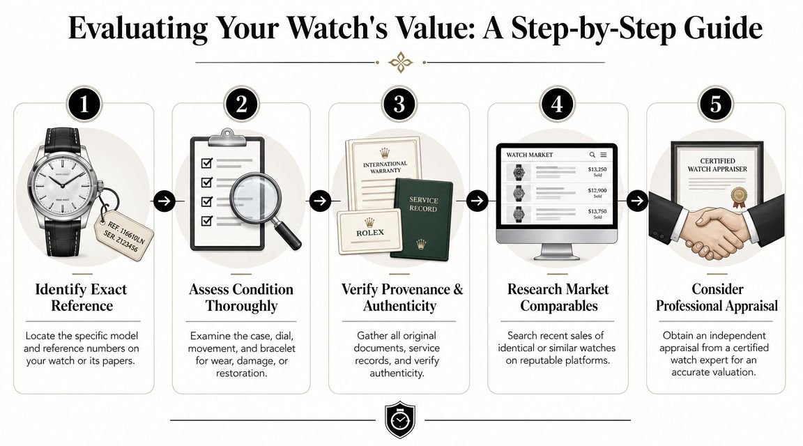 A five-step guide infographic for evaluating watch value, showing steps from identification to professional appraisal.