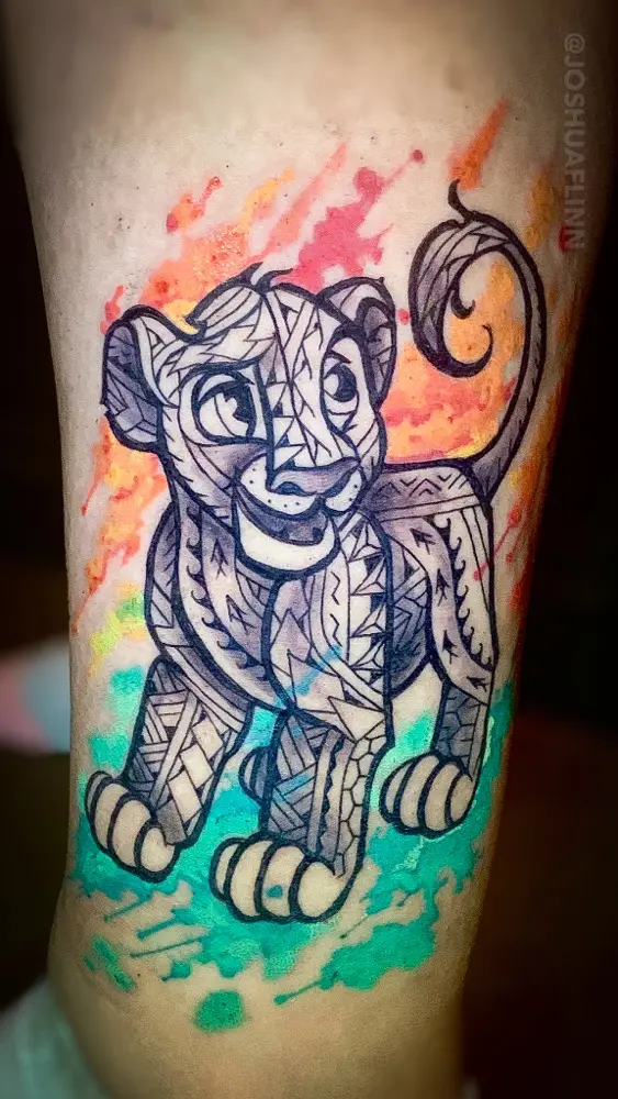 watercolor and polynesian simba tattoo