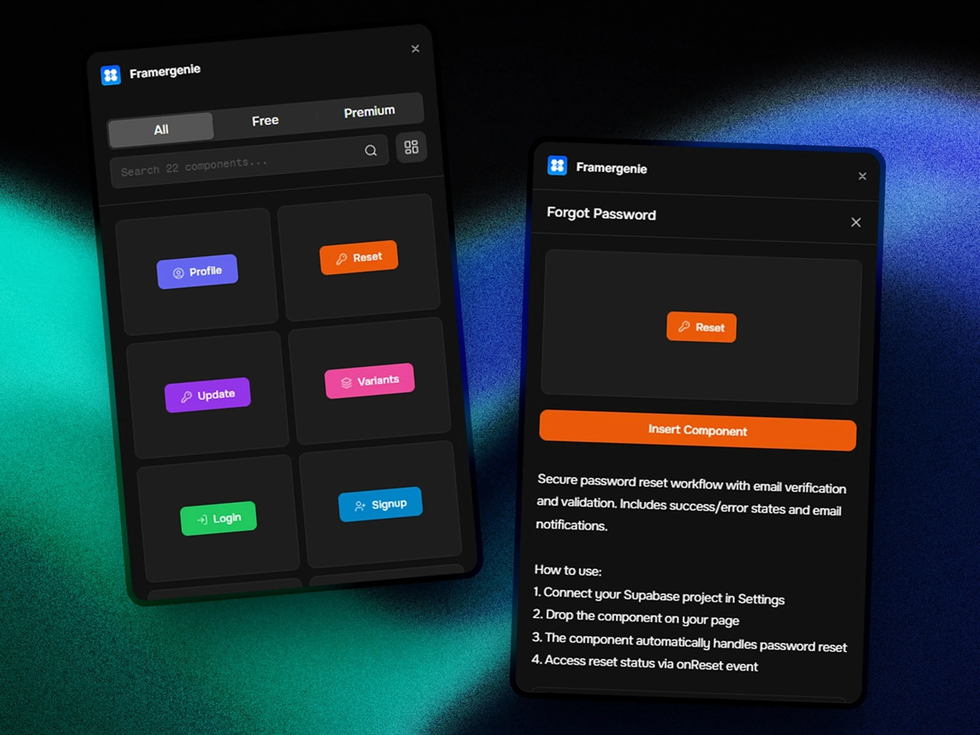 This is a Framergenie Supabase web app window showcasing various button style components on a dark background.