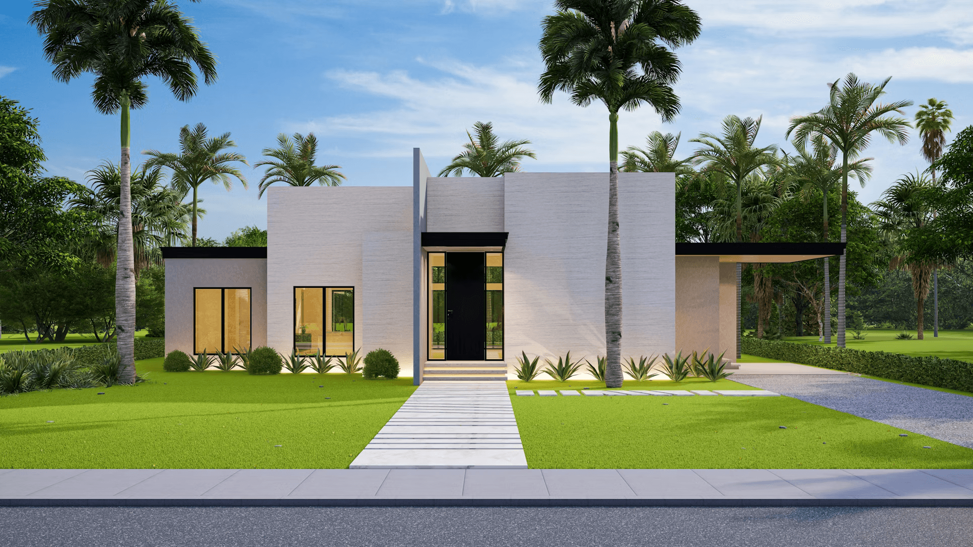 Sleek minimalist white modern home with concrete entrance, palm trees, manicured grass pathway under partly cloudy sky.
