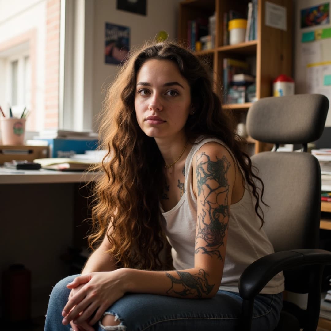 eine frau sitzt auf einem Sessel, in einem büro