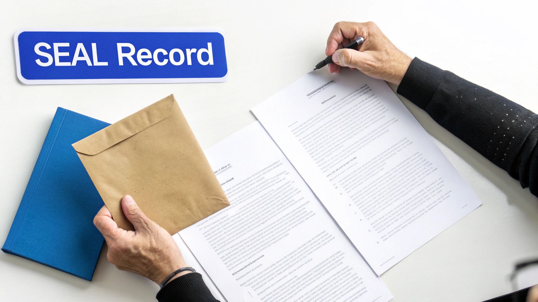 Hands reviewing legal documents, holding a pen and an envelope, with a 'SEAL Record' sign visible.