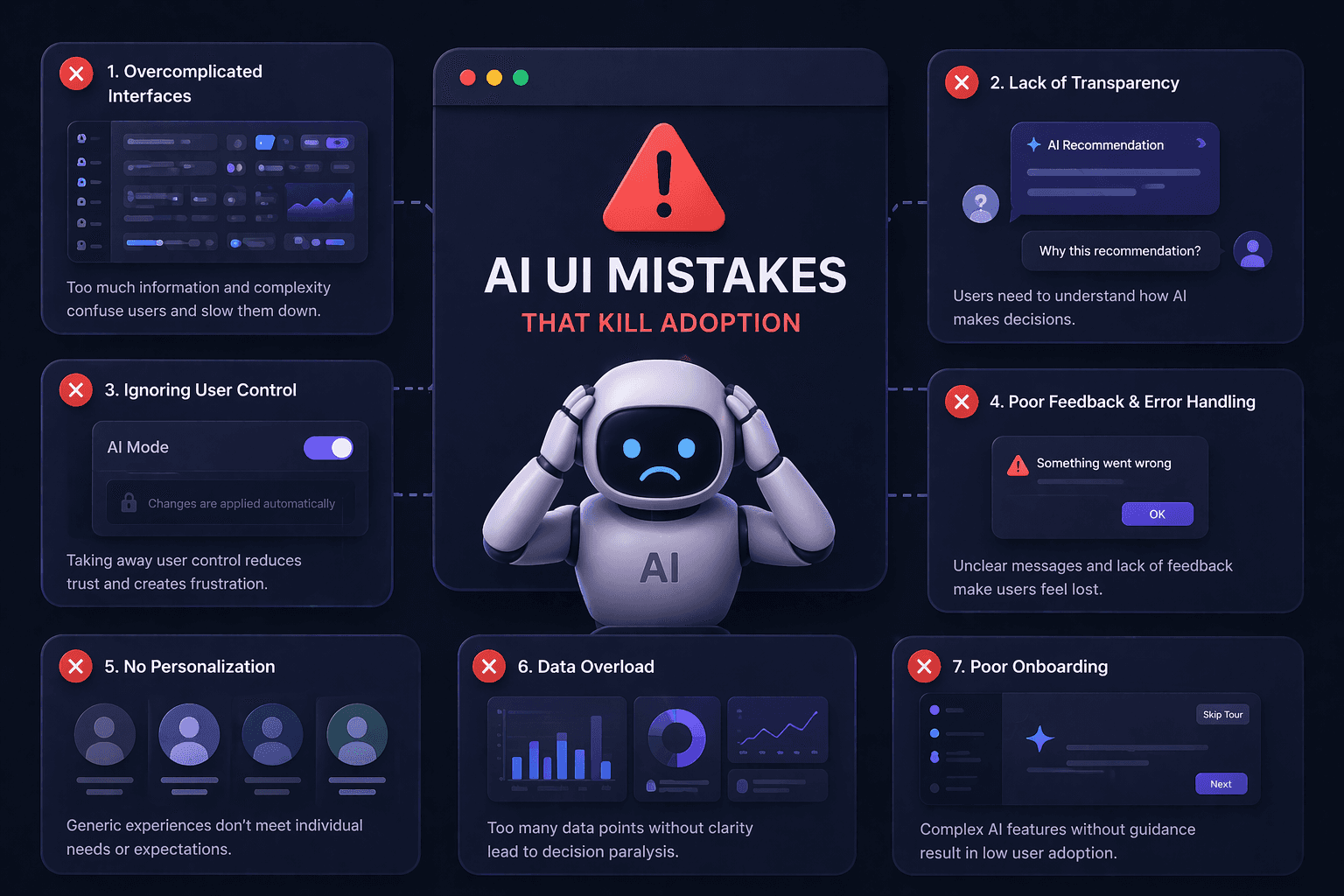 AI UI a frustrated robot surrounded by complex dashboards, warning icons, and poor user interface elements, highlighting common design mistakes that reduce user adoption by Artonest Design Studio
