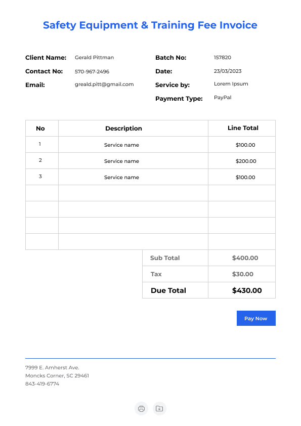 Safety Equipment & Training Fee Invoice