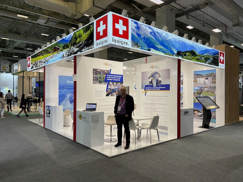 Swiss Pavilion at IFAT 2023 Istanbul, featuring a modern, clean design with premium branding and presentation screens.