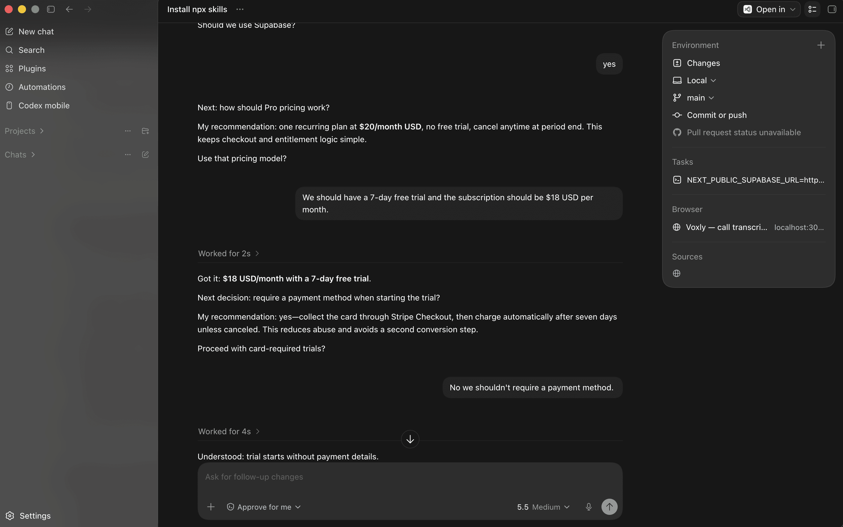 Example of a grill-me conversation for a new payment feature in an app