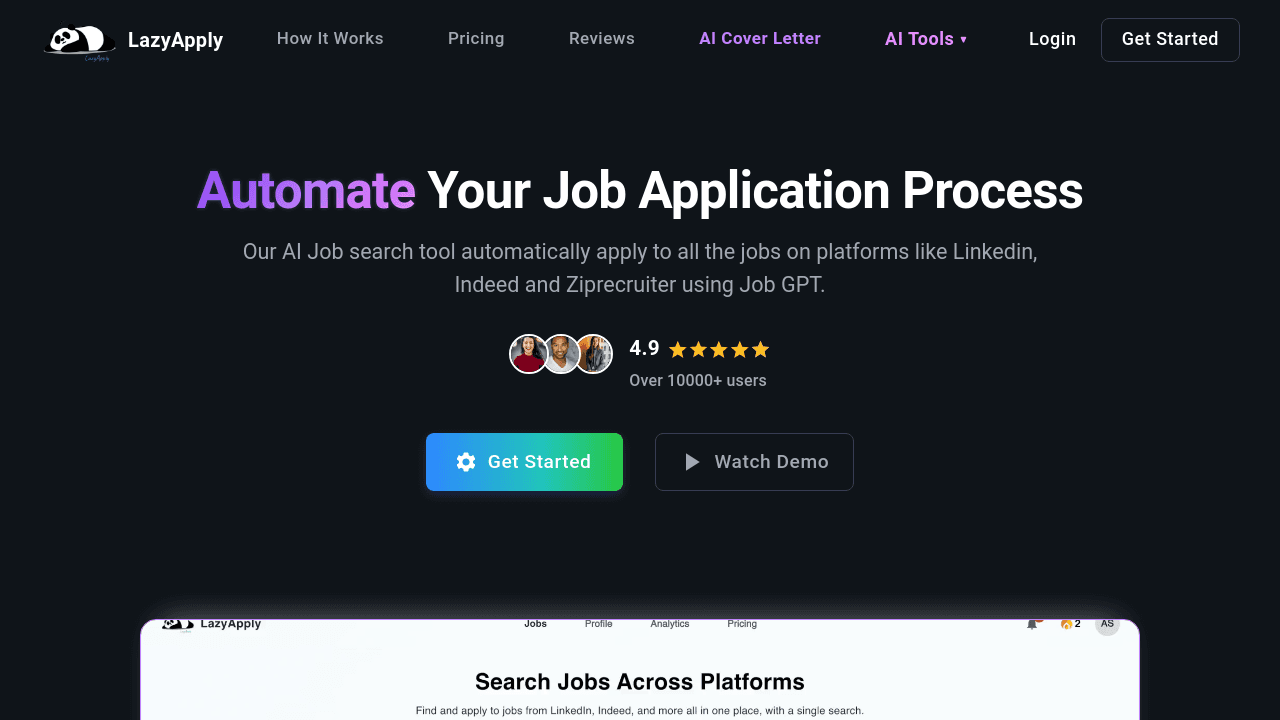 LazyApply automated job application tool homepage showing bulk application features and job board integration