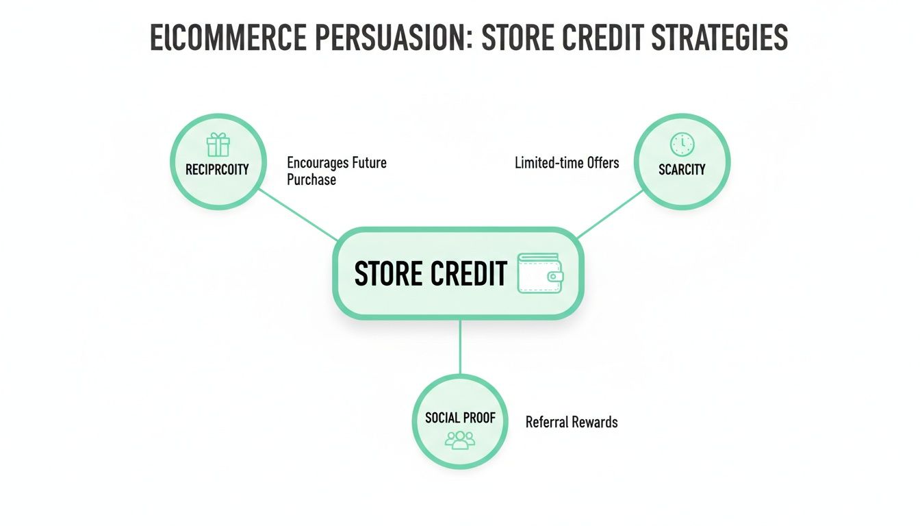 Diagram illustrating e-commerce store credit strategies, linking reciprocity, scarcity, and social proof.
