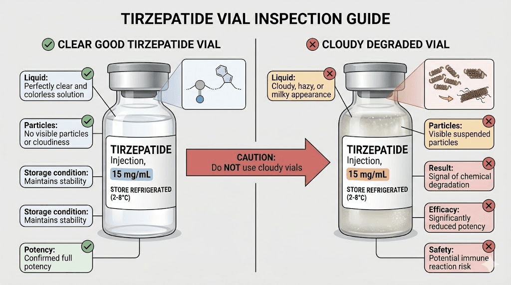 Visual comparison of good versus bad tirzepatide vial appearance