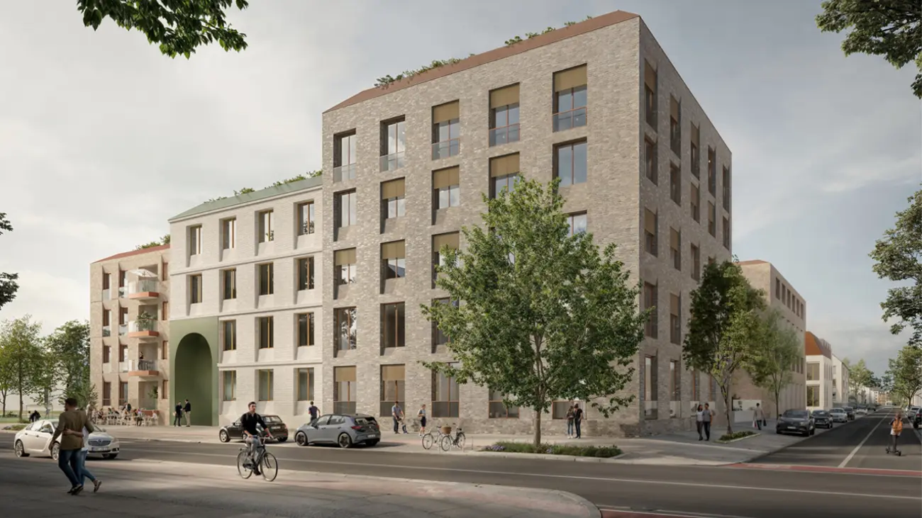 Isometrische Zeichnung eines Bauprojekts mit mehreren Gebäuden und markierten Strukturen in Rot