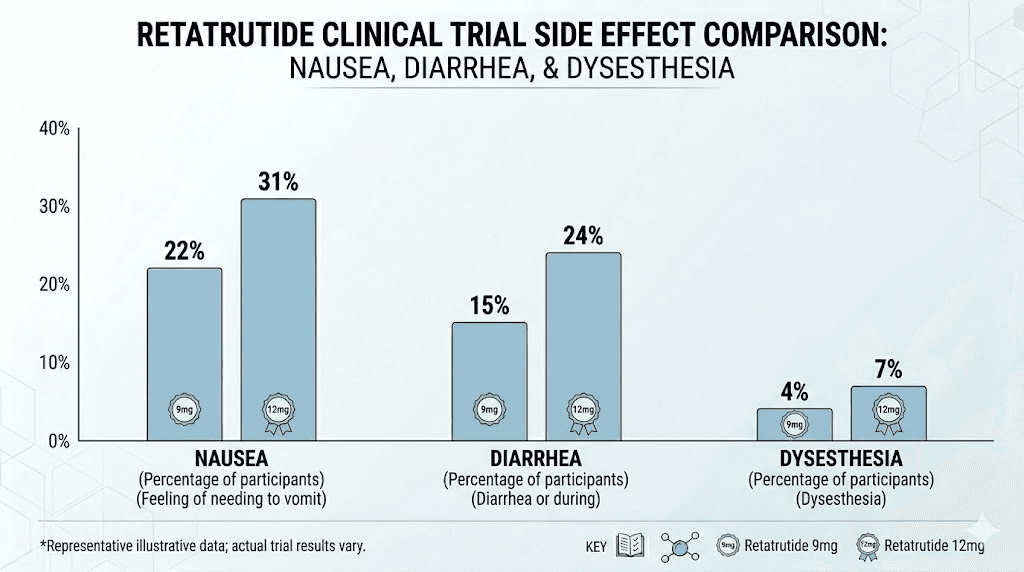 Retatrutide side effect comparison between 9mg and 12mg doses from Phase 3 trial data