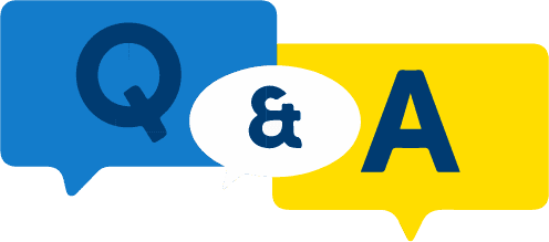Two overlapping speech bubbles: a blue one with the letter “Q,” a yellow one with the letter “A,” and a small white bubble in the center containing an ampersand symbol, representing “Q & A.”