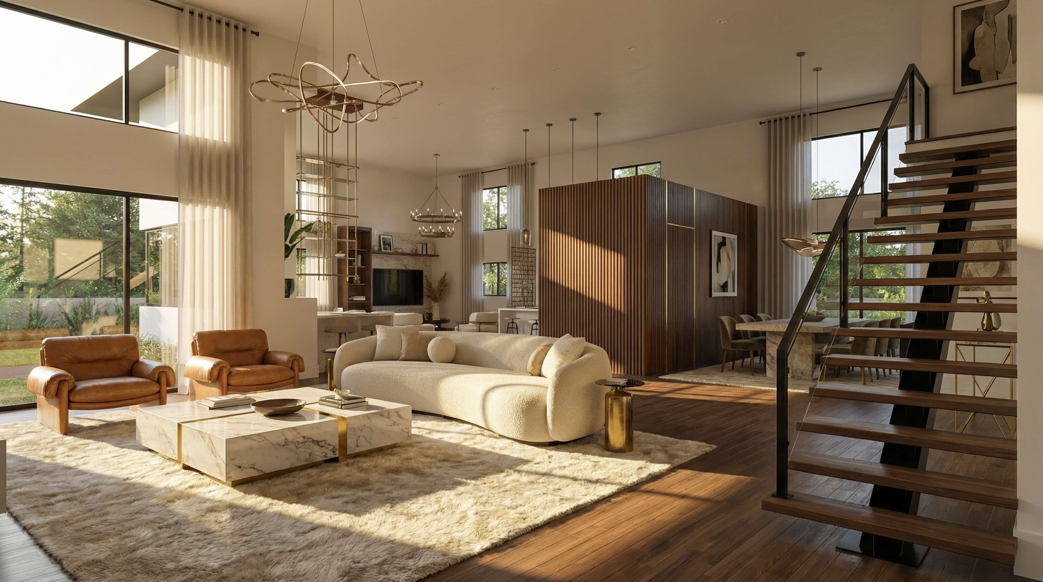 Luxurious high-rise apartment living and dining area by Lavish Interiors, featuring bespoke curved seating, contemporary chandeliers, floor-to-ceiling windows, and panoramic waterfront views.