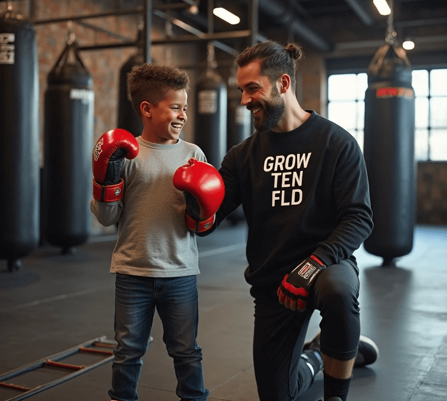 Ten Fld NYC trainer teaching young child boxing