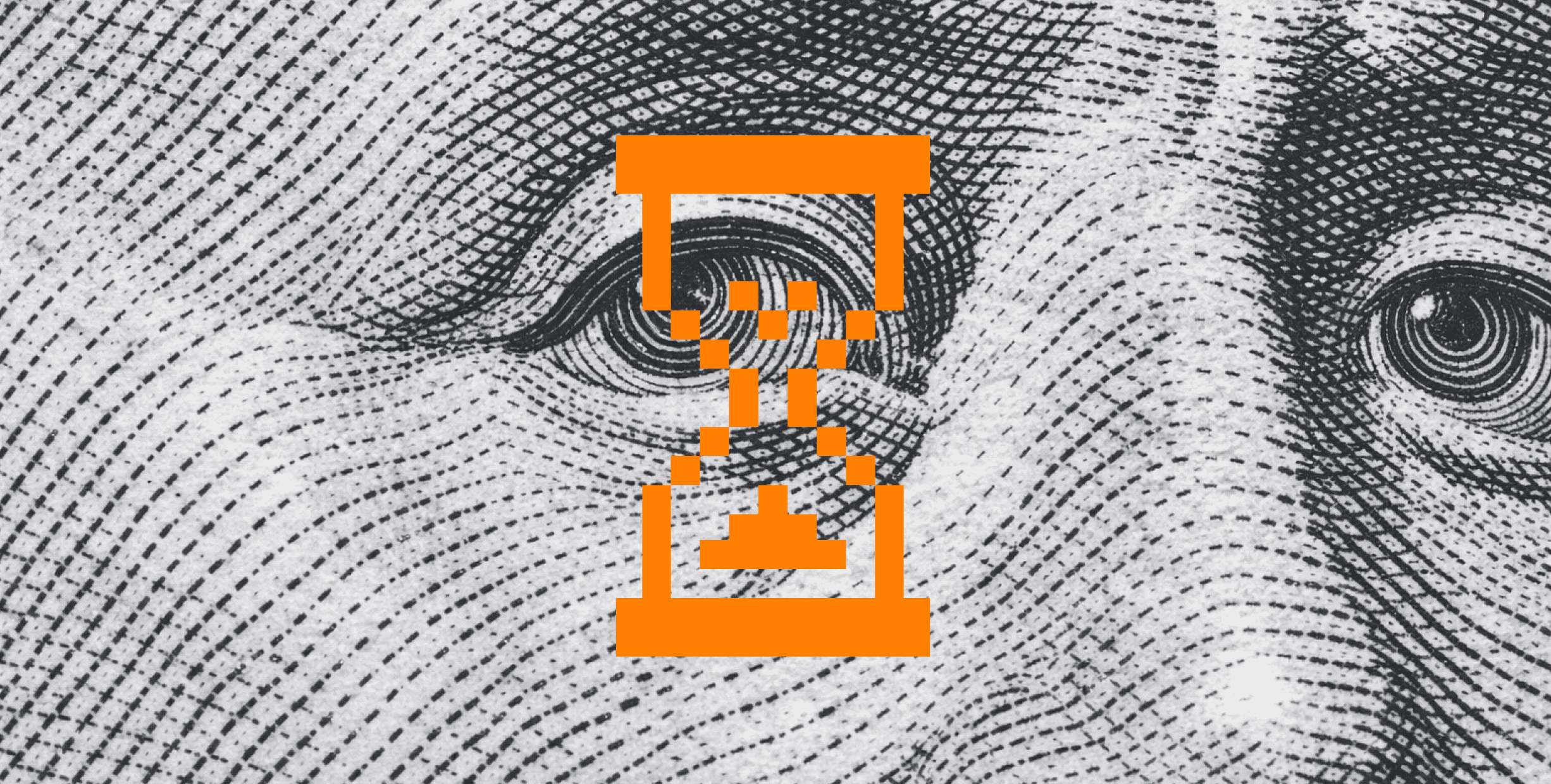 Zoomed in picture of a hundred dollar bill with an orange hourglass 
