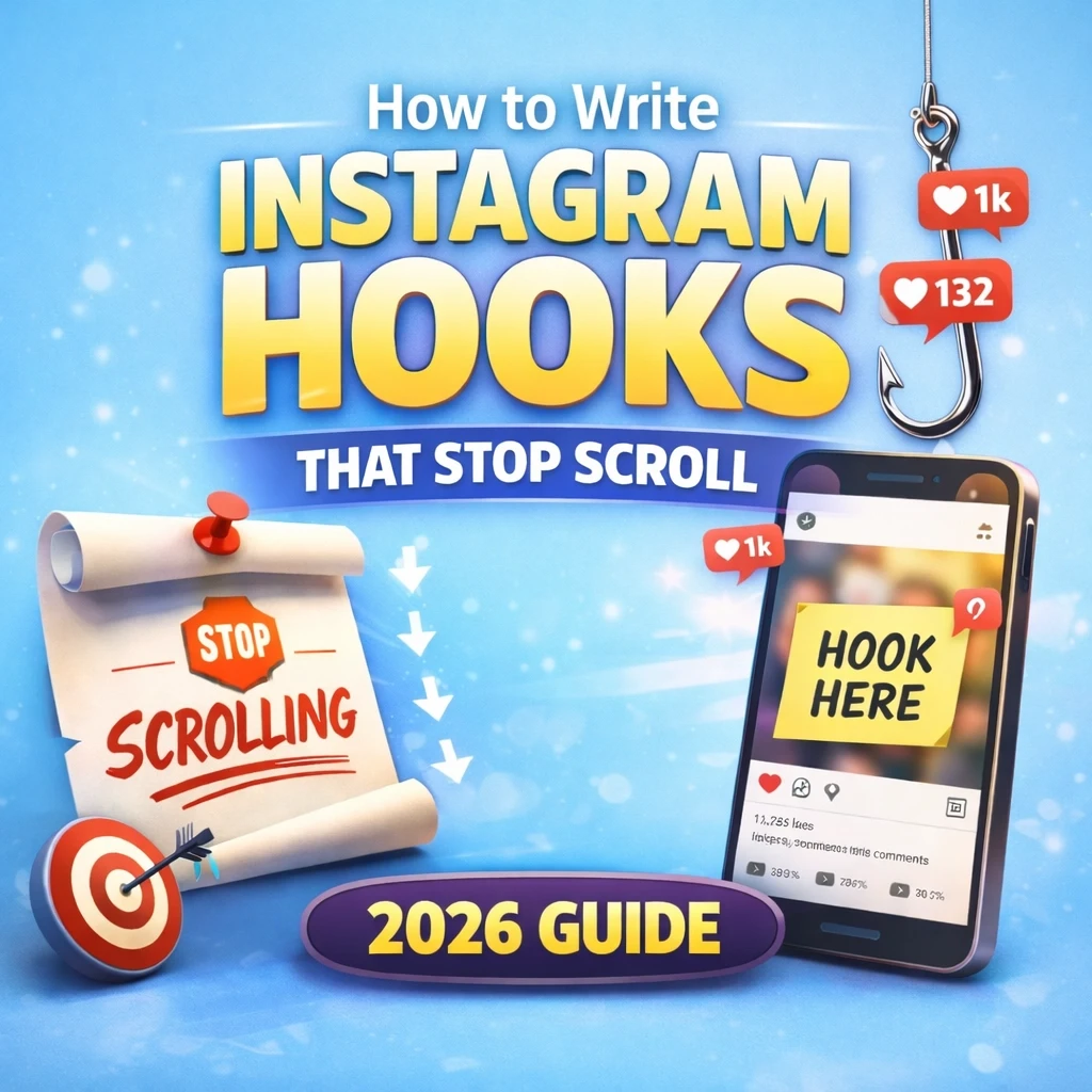 Light sky blue blog cover image for “How to Write Instagram Hooks That Stop Scroll – 2026 Guide,” featuring bold yellow headline text, a smartphone mockup with a “Hook Here” note, social media engagement icons, and visual elements emphasizing scroll-stopping Instagram content strategies.