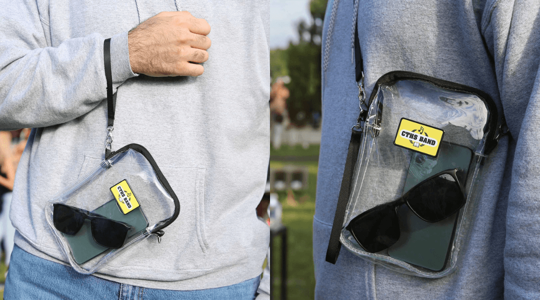 two side by side images of a model wearing this clear crossbody bag. on the left image it is being held with a wrist strap and the right image shows it worn as a crossbody.