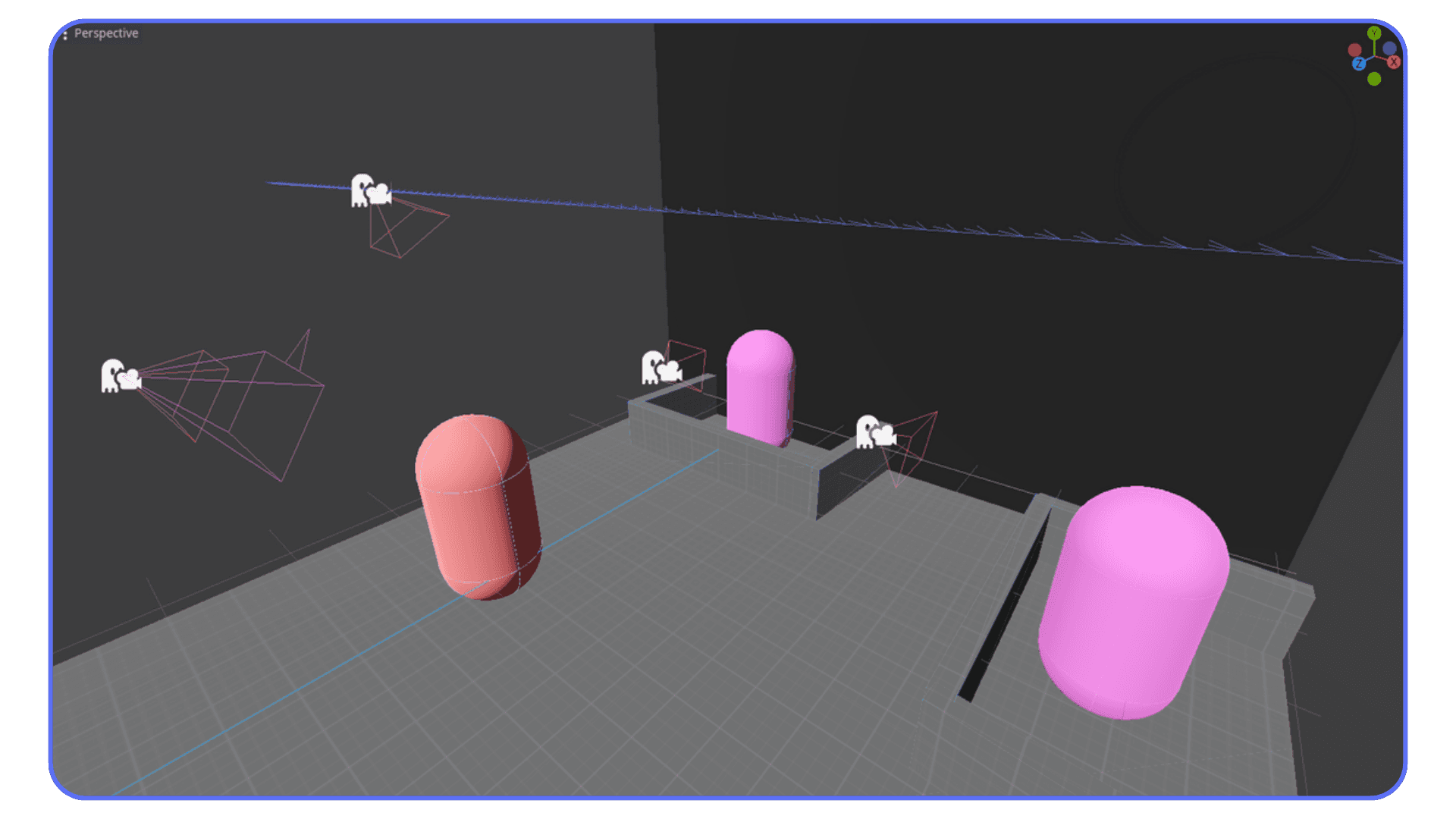 Godot editor with multiple camera rigs set up in a test scene for evaluating Phantom Camera transitions.