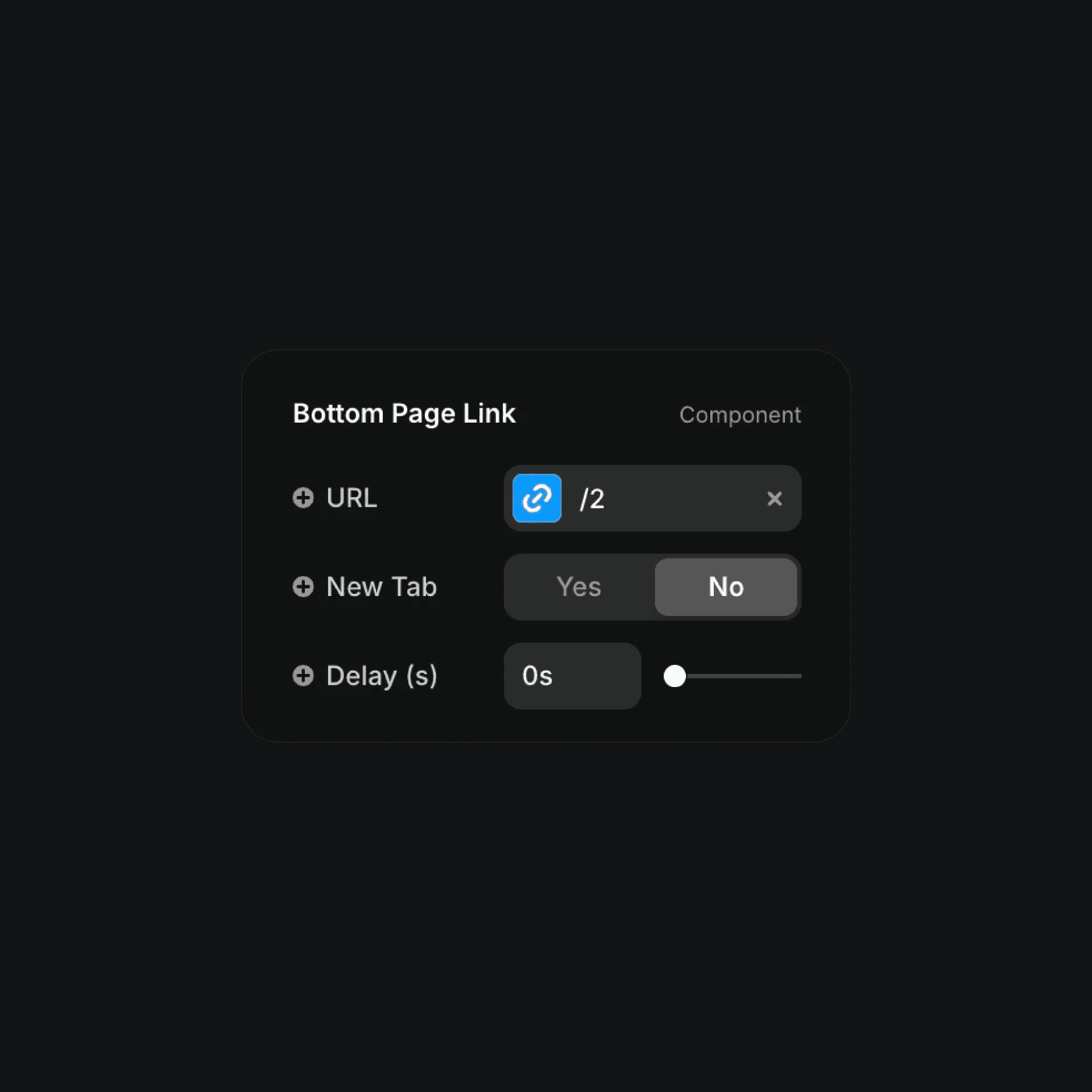 Bottom page link component with URL and delay settings