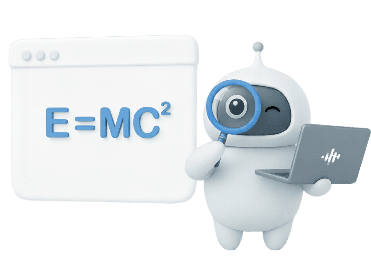 Jamworks Robot mascot  standing in front of a STEM equation