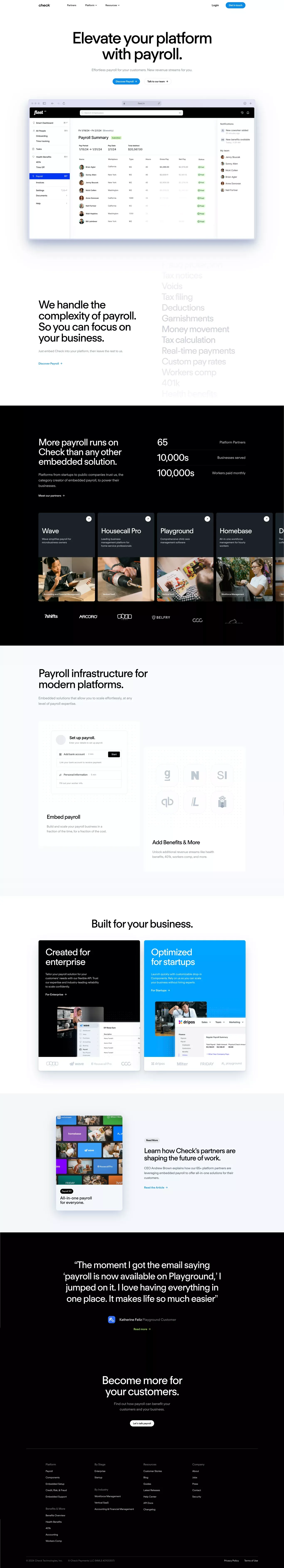 Embedded Payroll for Platforms landing page screenshot showcasing Tech and Finance design