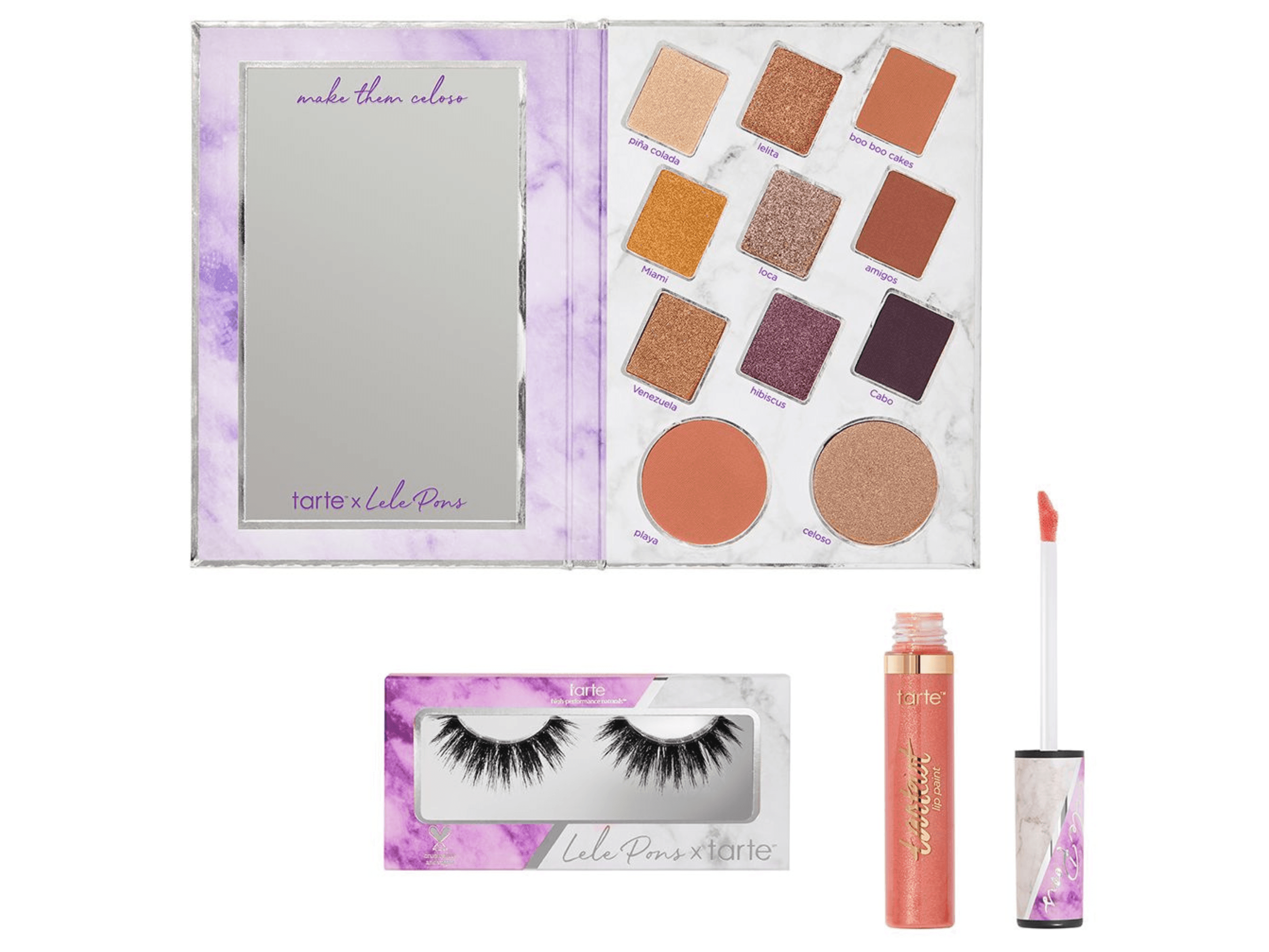 Flat lay featuring the Lele Pons x Tarte palette and lash kit. Styled for product reveal shoot.